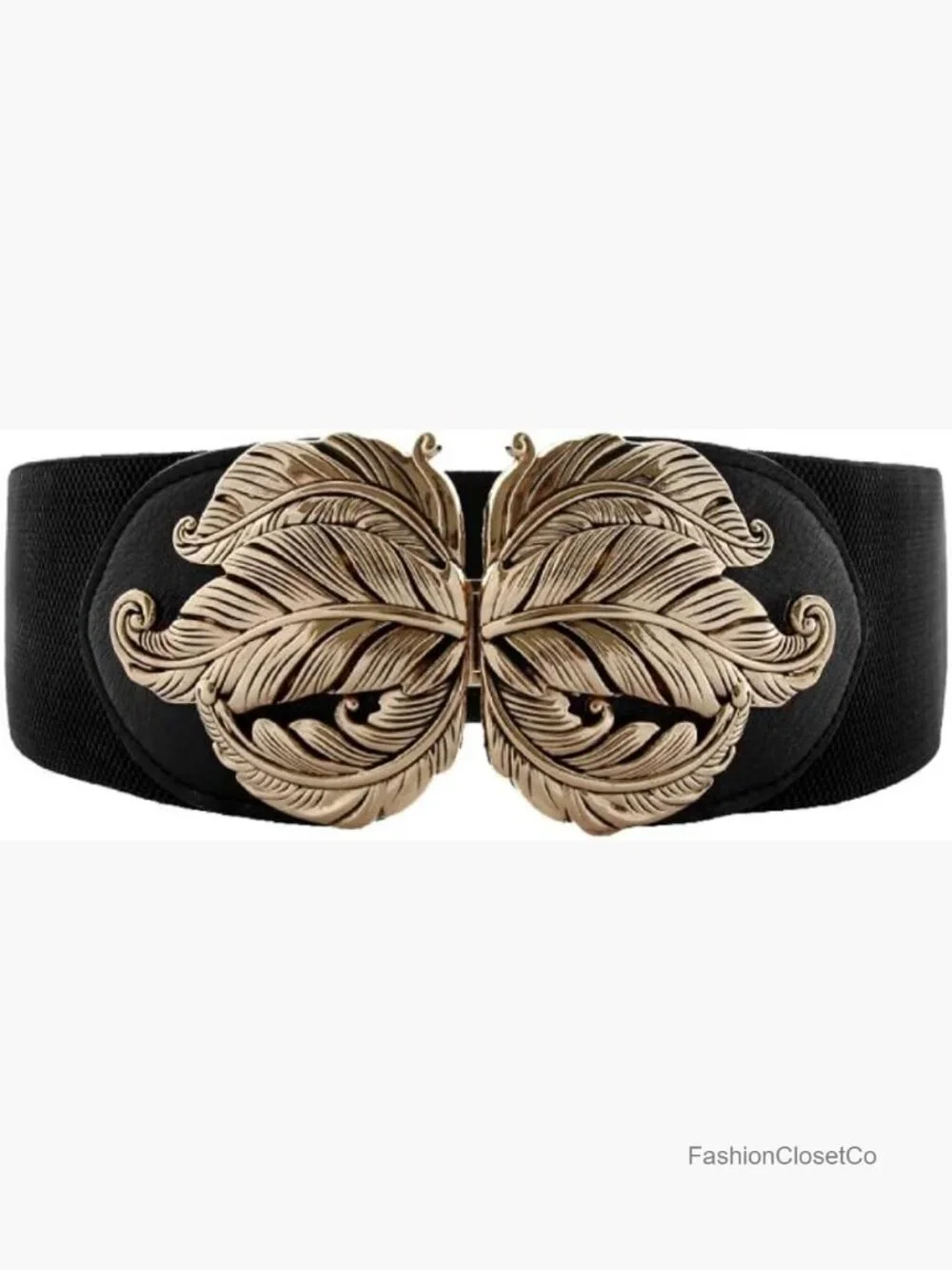 Vintage Stretch Wide Waist Belt with Metal Leaf Buckle